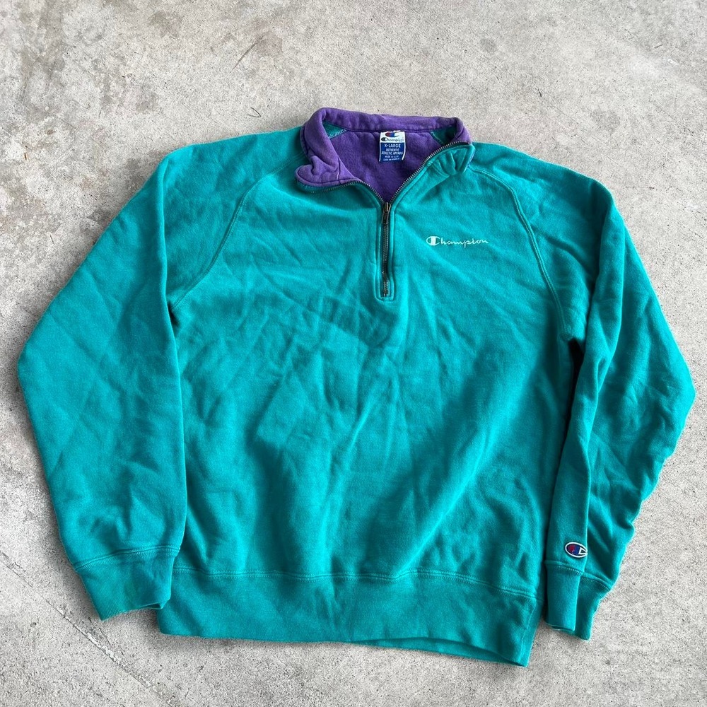 Vintage 1990s teal + purple Champion quarter zip fleece pullover sweater Size XL